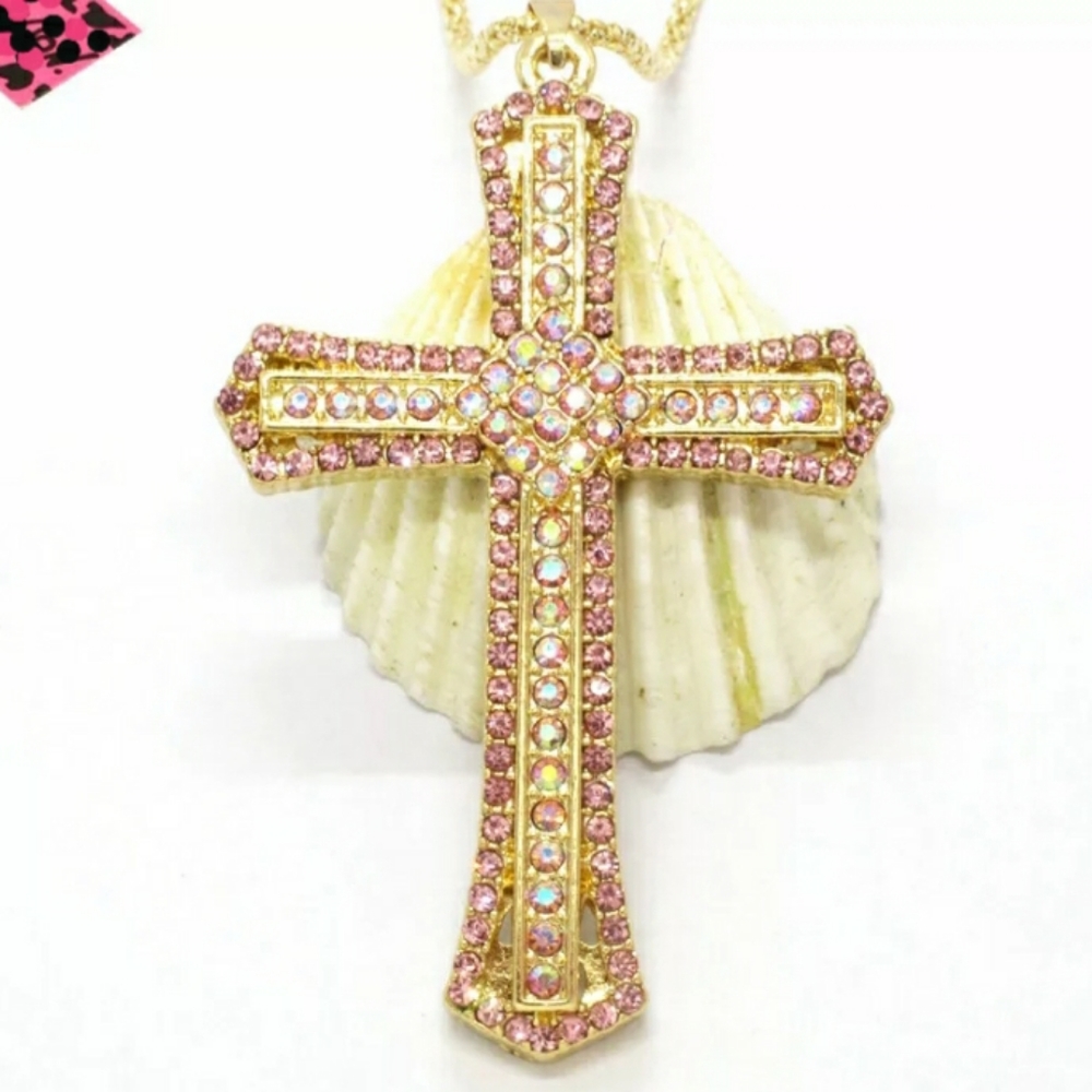 ❤ Nice! Pink & Iridescent Cross Charm/Free Chain💎 - Picture 2 of 12